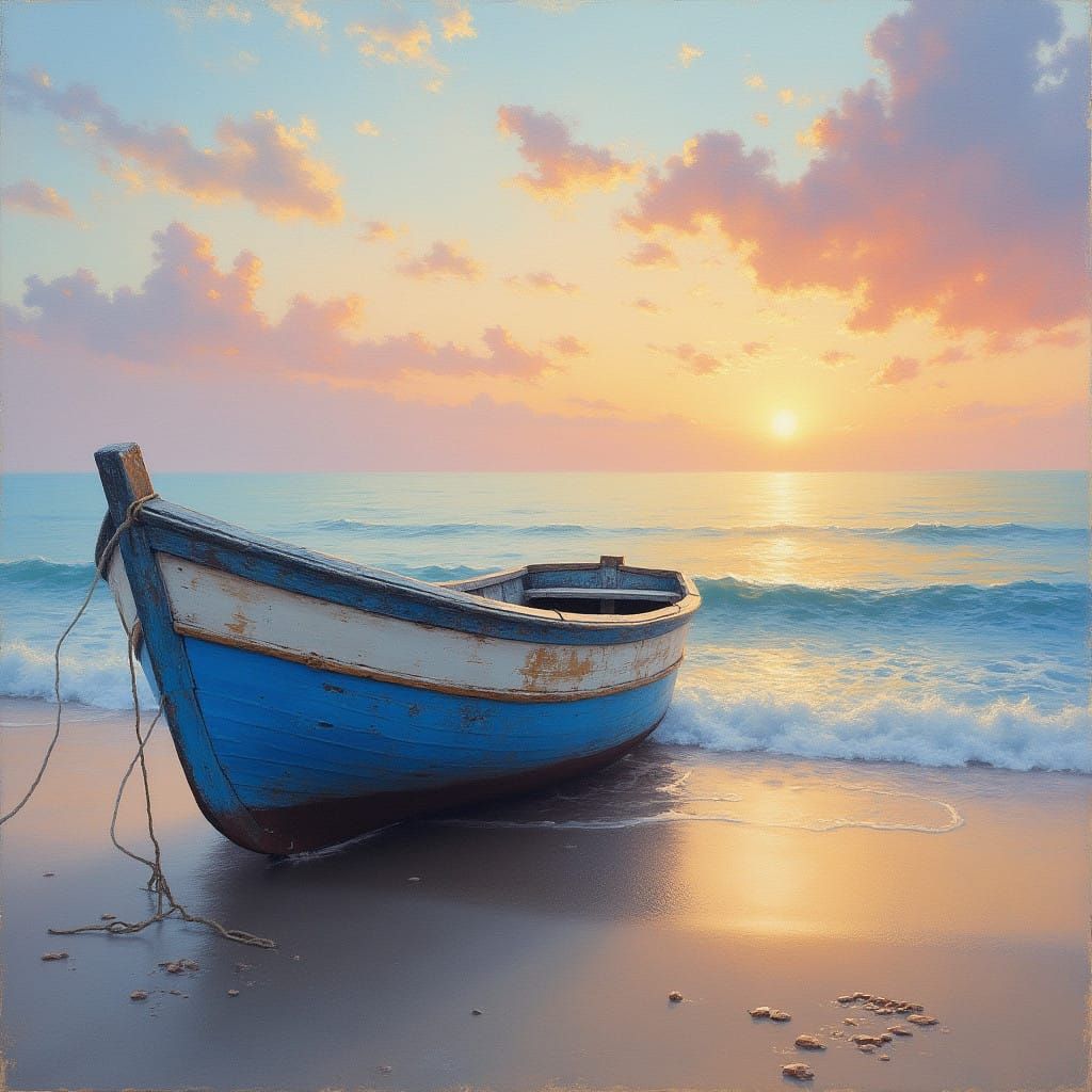 Serenely Resting Wooden Boat at Sunset on the Coast in Soft...