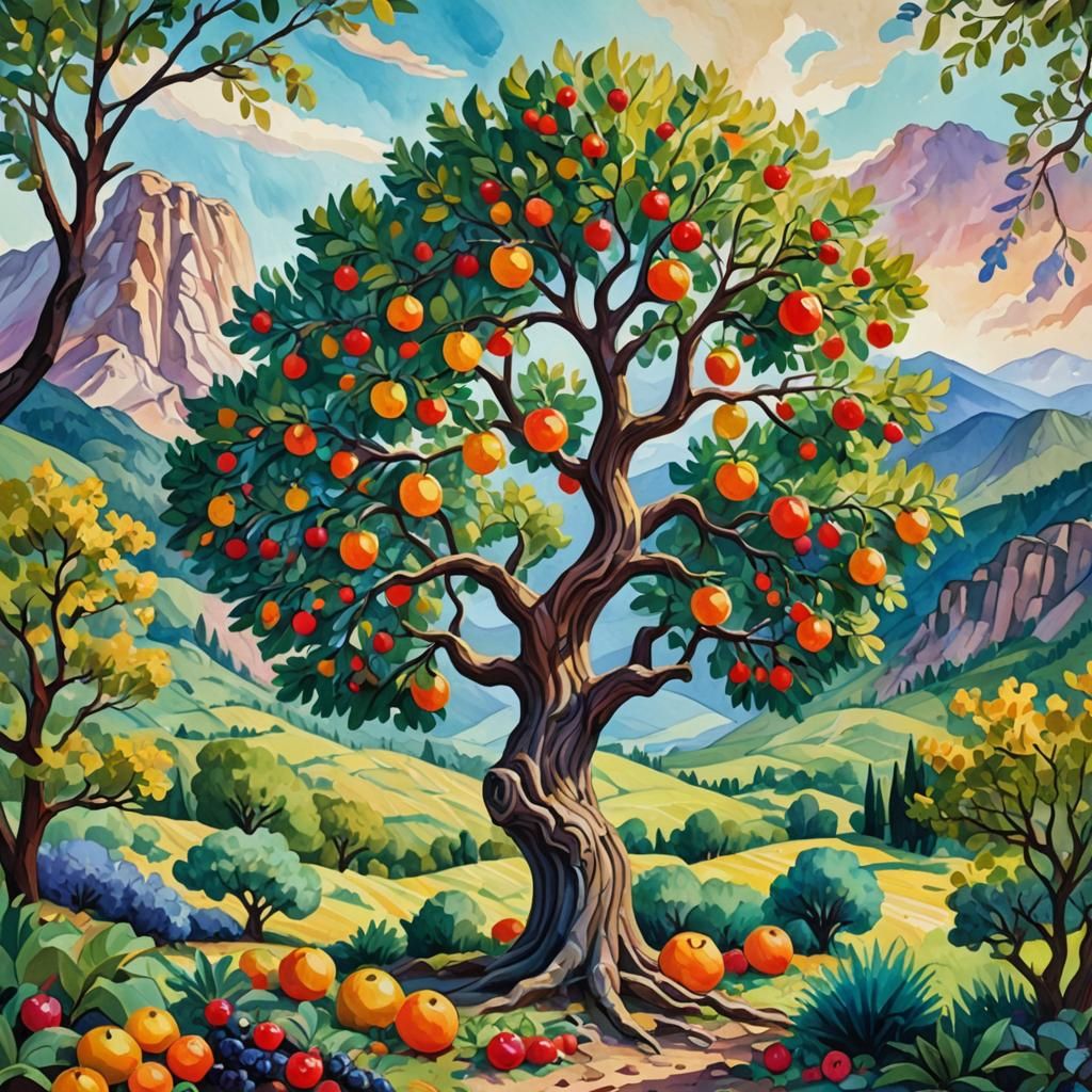 Lush Landscape with Fruit Tree in Gouache Watercolor