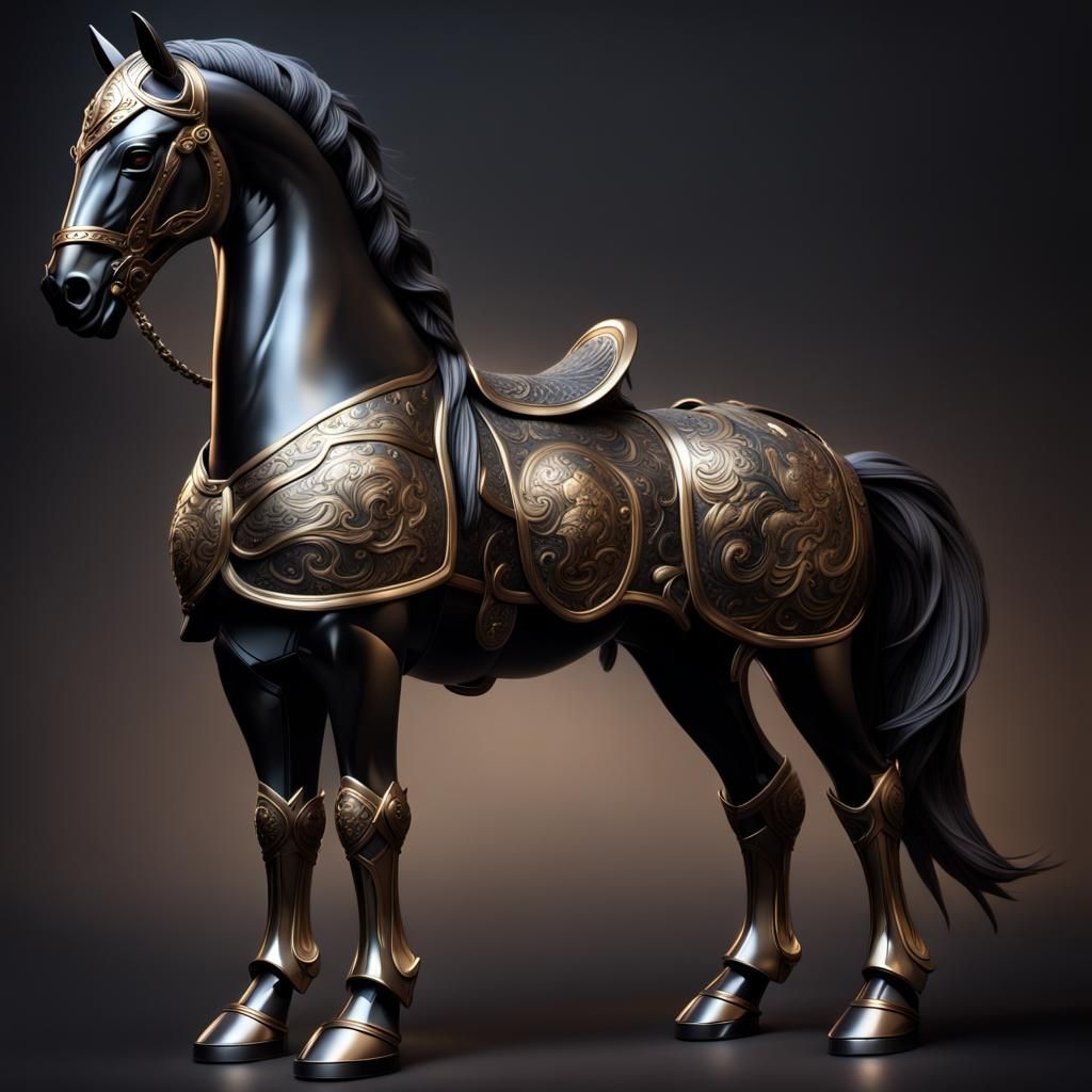 Noble Horse in Bronze Armor Emerging from Shadow