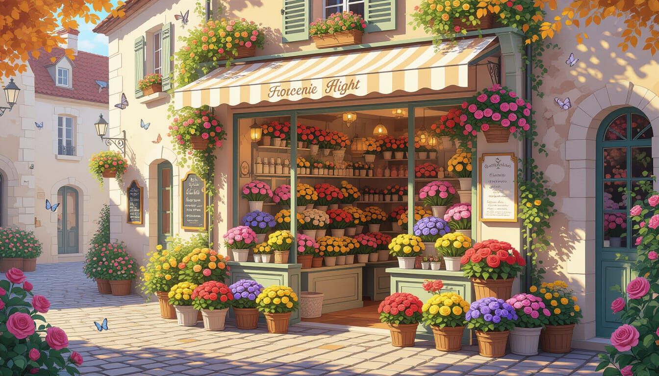 Charming French Flower Shop in Watercolor Style