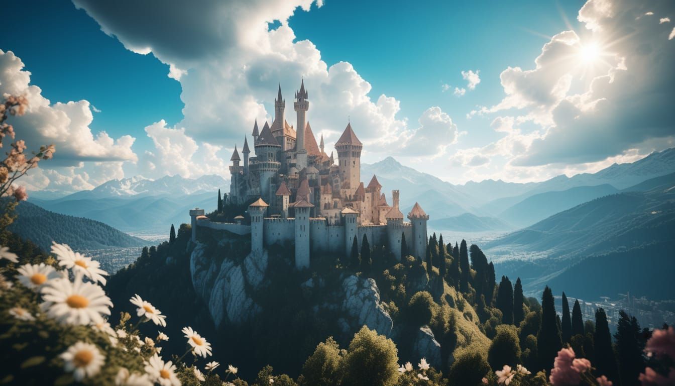 Faery Castle on Mountain Range in Fairytale Lighting