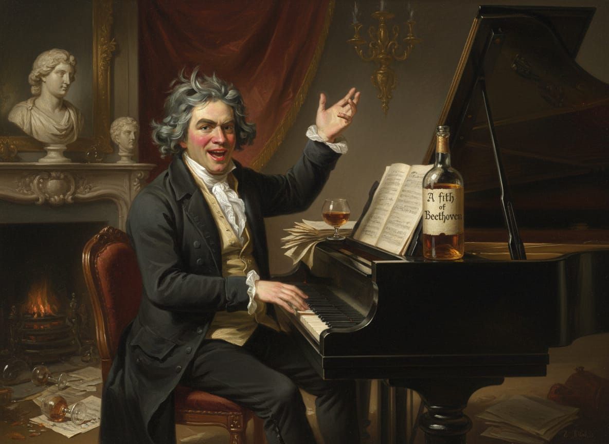 Beethoven Drunk at Piano with Whiskey, Oil Painting Style