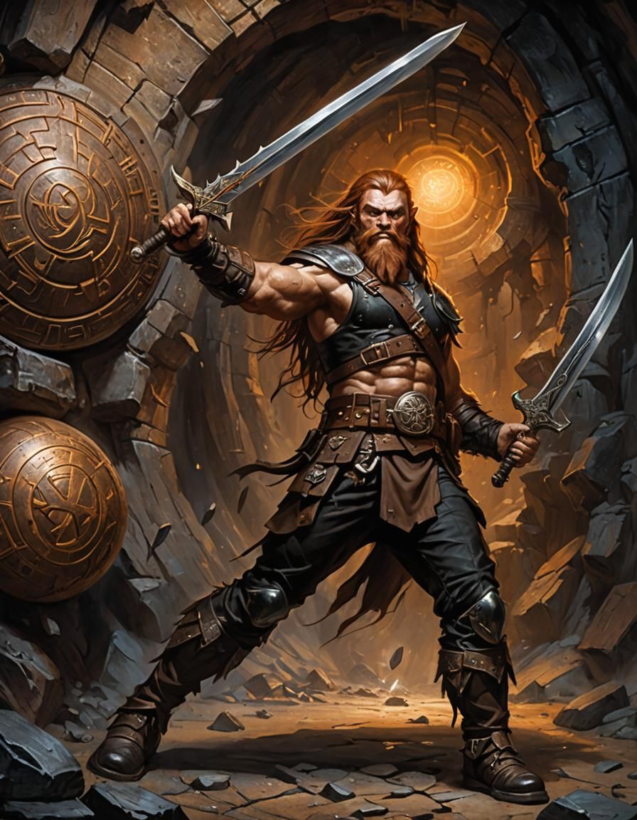 Dwarf Barbarian Defending Rune Sphere: Dark Fantasy Art