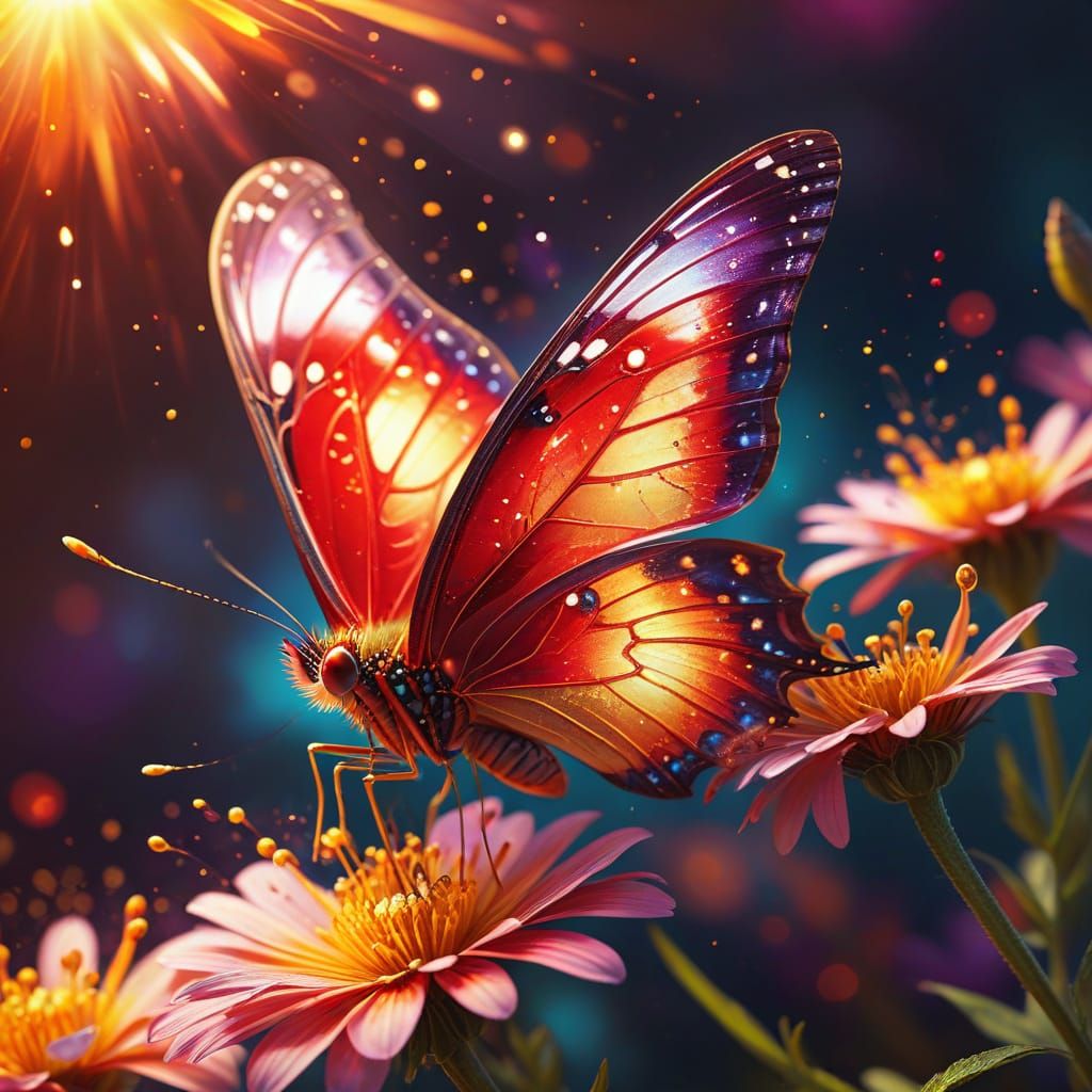 Crimson Butterfly on Flower: Vibrant Digital Art