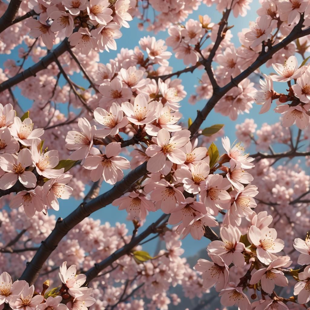 Detailed Cherry Blossoms in a Serene Landscape