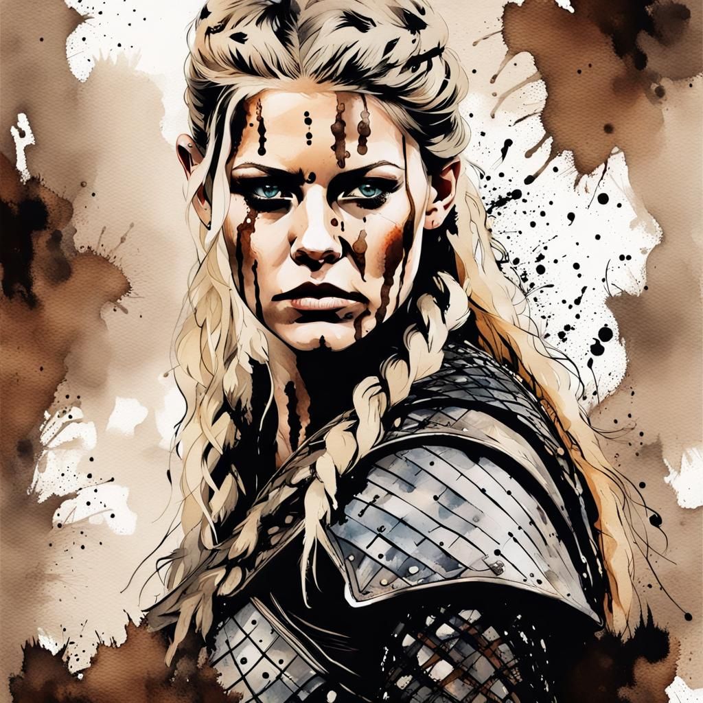 Lagertha shieldmaiden intense gaze with bold brown eyes  warpaint on her face, perfect, masterpiece, ink splatter, silho...
