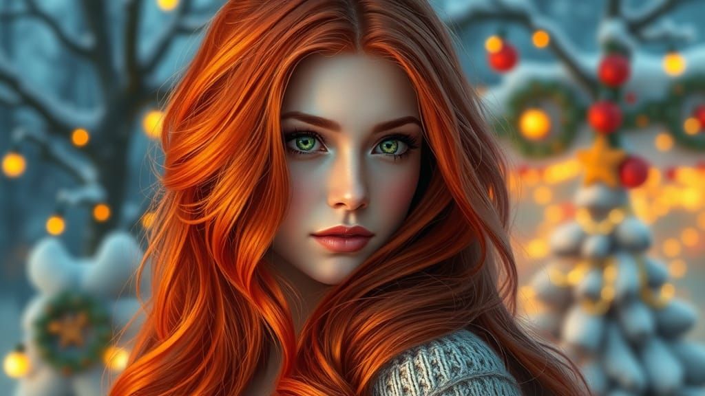 Ethereal Red-Haired Woman in Christmas Wonderland