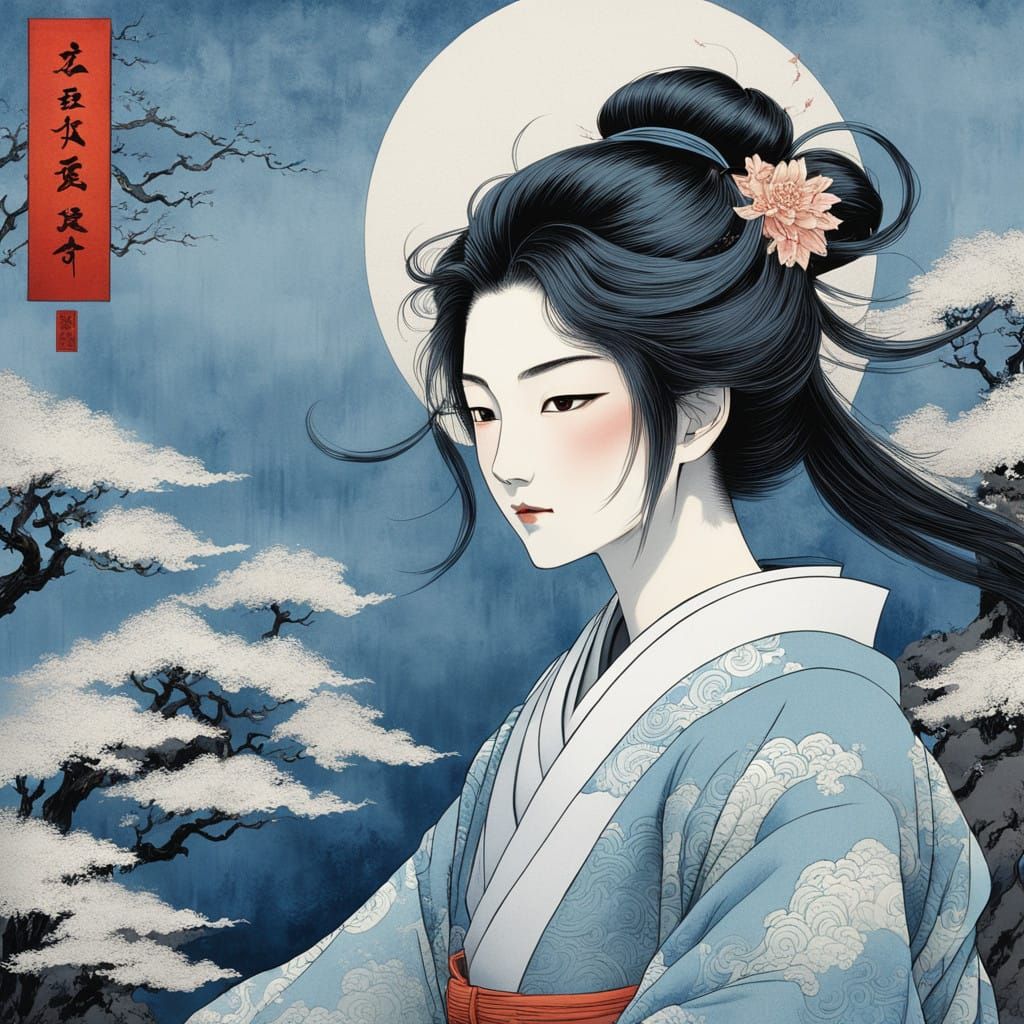 Youthful Samurai in Elegant Attire, Inspired by Japanese Art