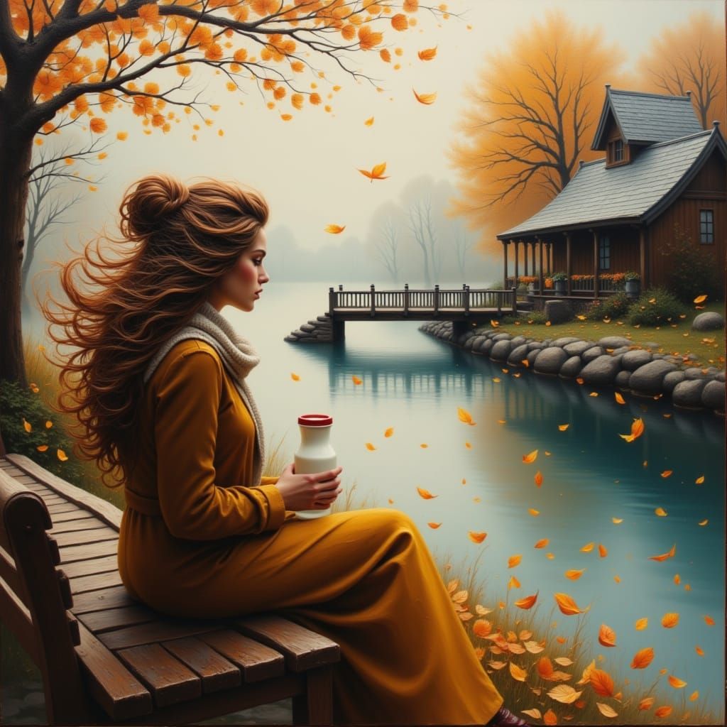 Woman on Bench by River in Dreamy Impressionistic Style