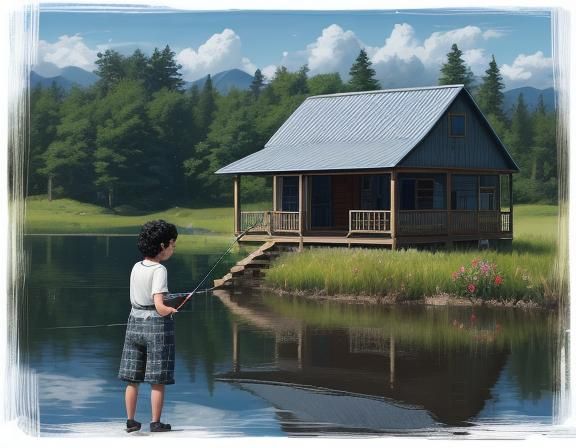 Children Fishing and Picking Flowers by Lake in Pixar Style