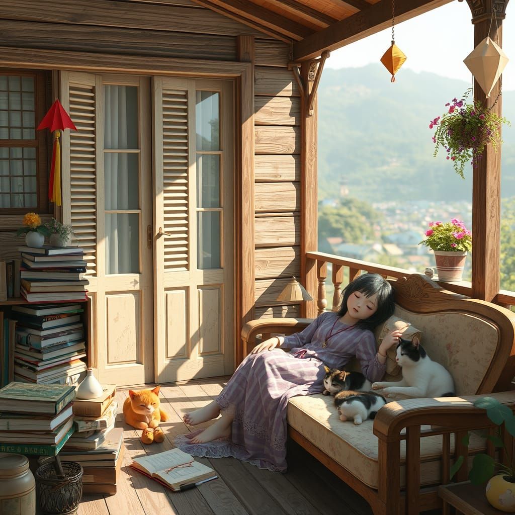 Girl on Terrace Sofa in Art Nouveau Style