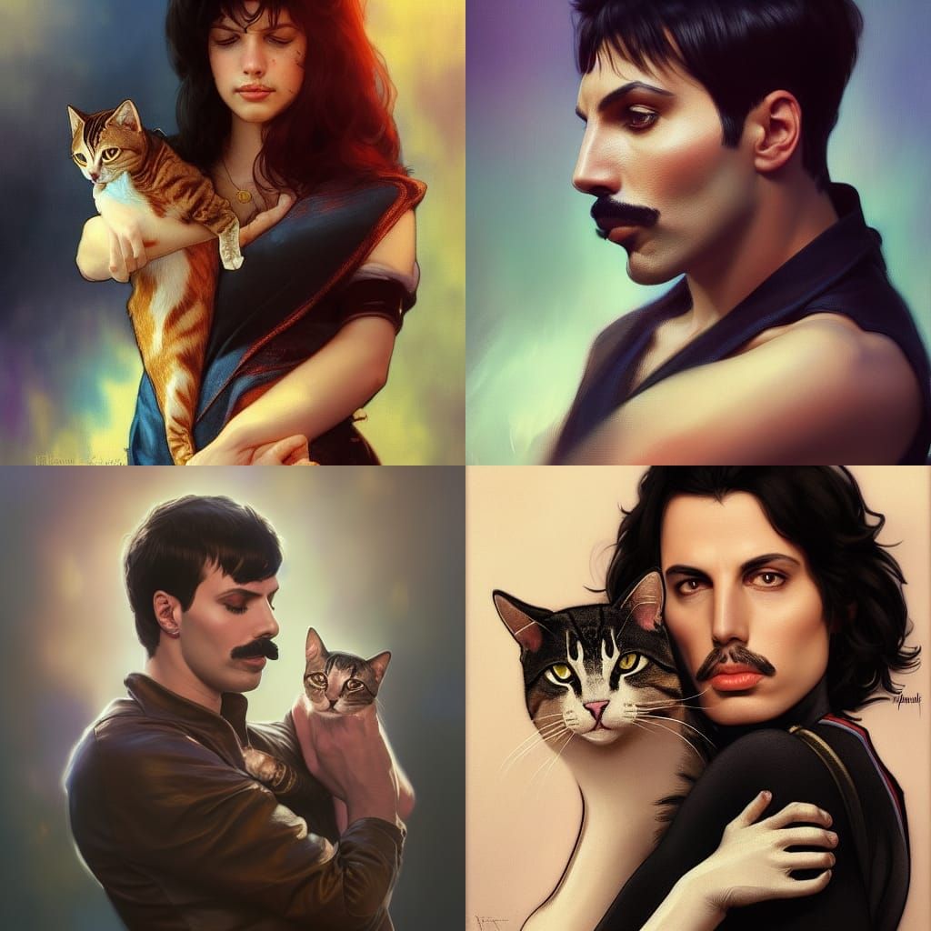 Freddie Mercury Portrait with Cat, Hyperdetailed Art
