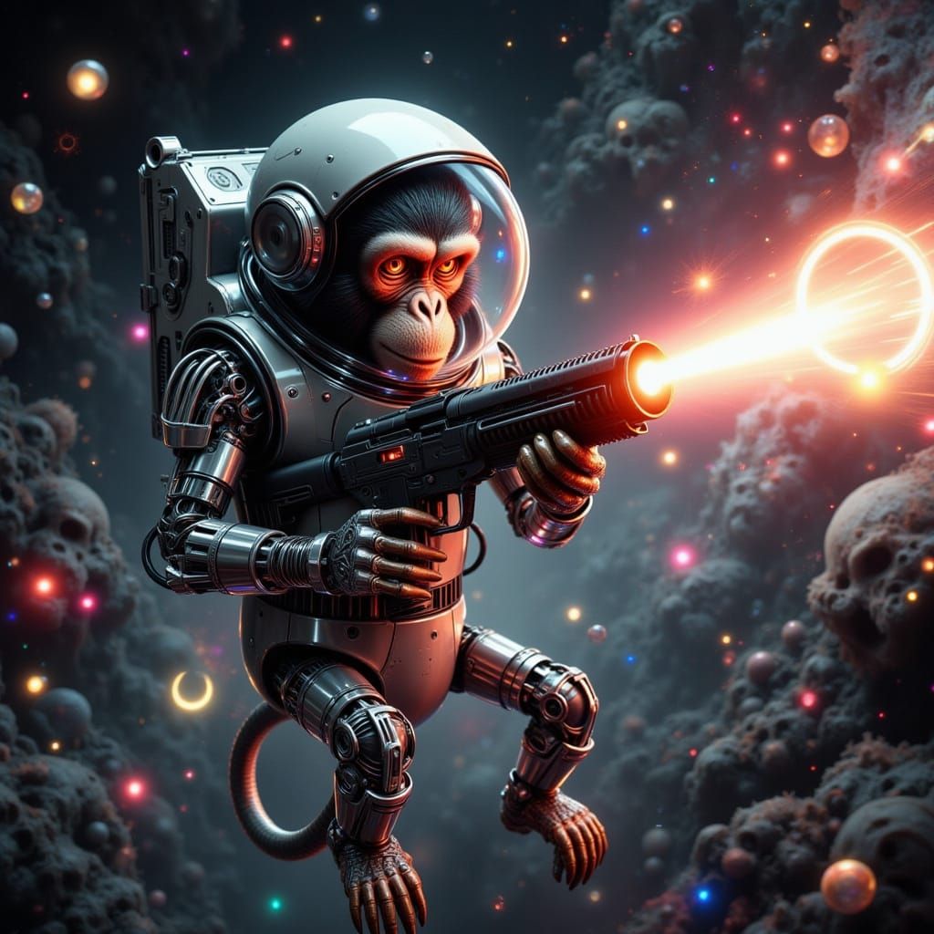 Node Monkey Astronaut Shoots Laser Rifle in Space