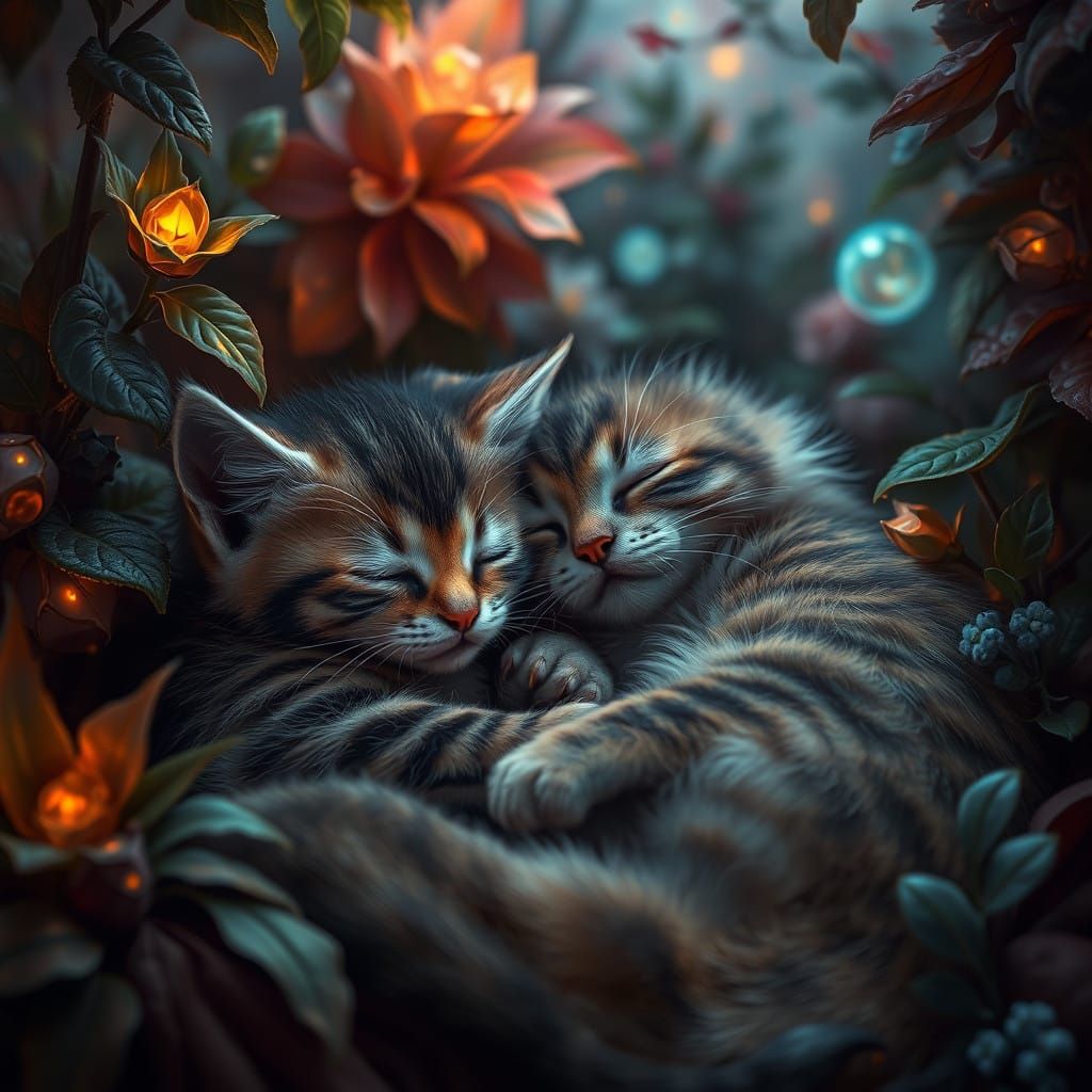 Dreamlike Realm with Adorable Feline Friends in Lush Fantasy...
