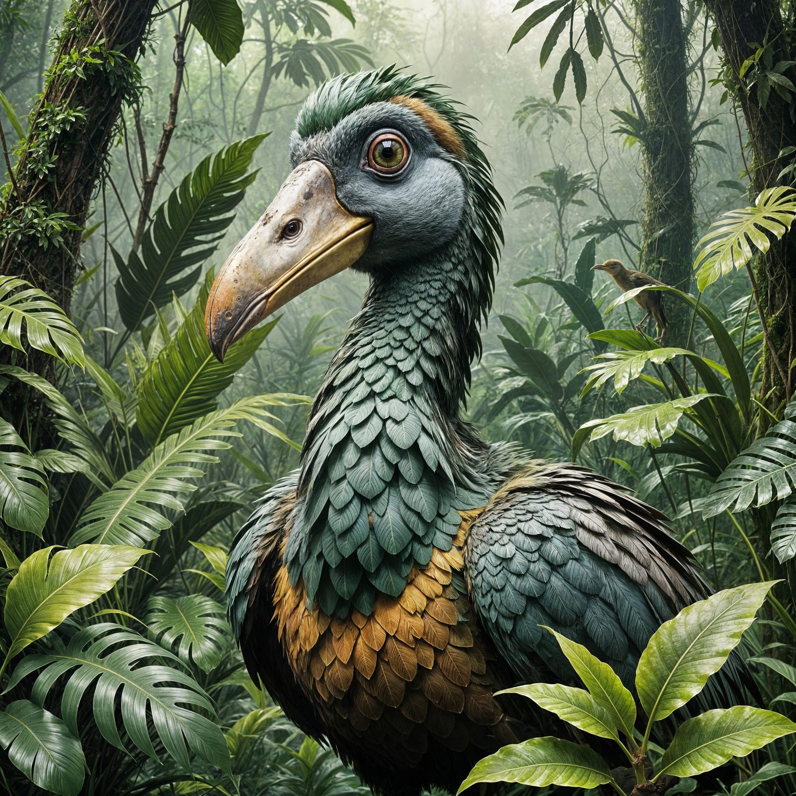 A dodo bird in lush vegetation and shrouded in mist.