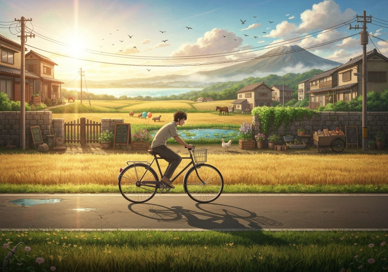 Man Rides Bicycle Through Golden Countryside