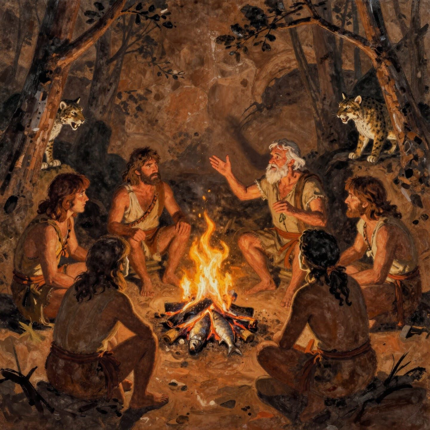 Prehistoric Humans Share Stories by Bonfire