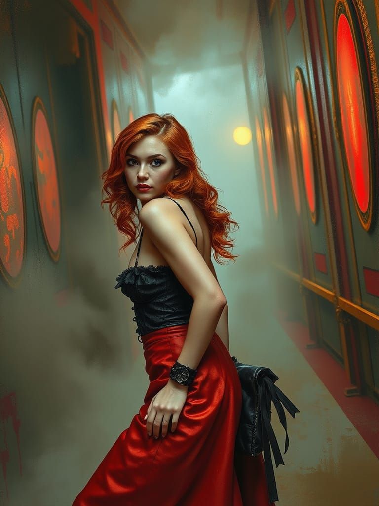 Punk Redhead Pin Up Woman in Atmospheric Oil Painting Style