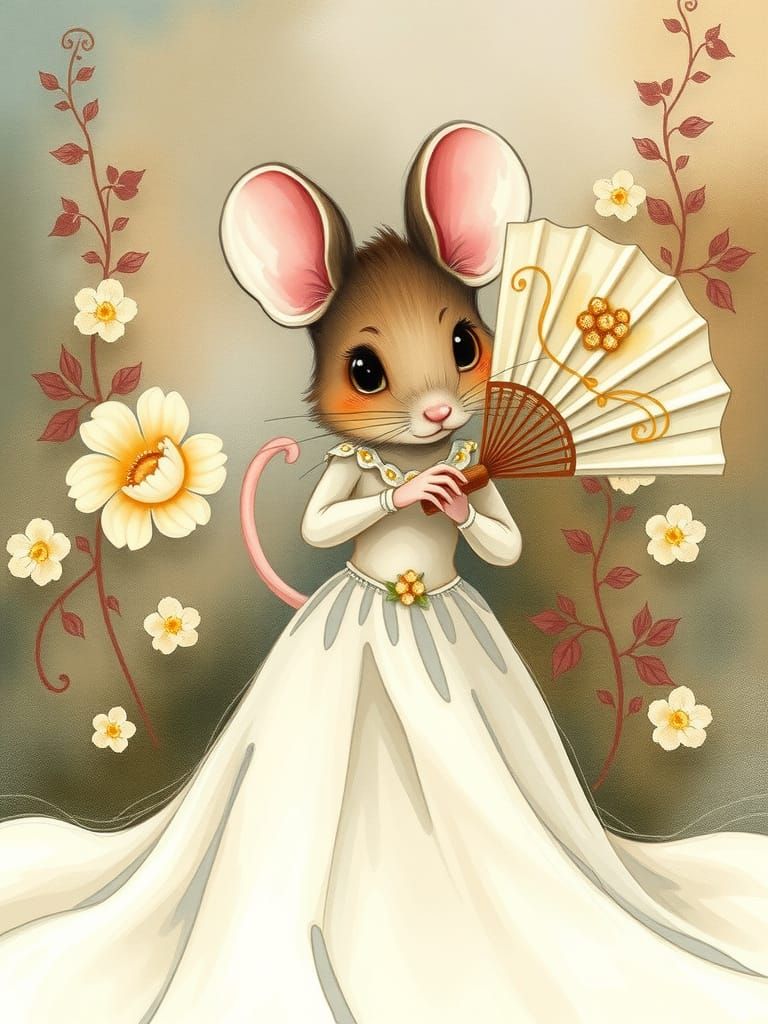 Mouse in Gown, Whimsical Watercolor Illustration
