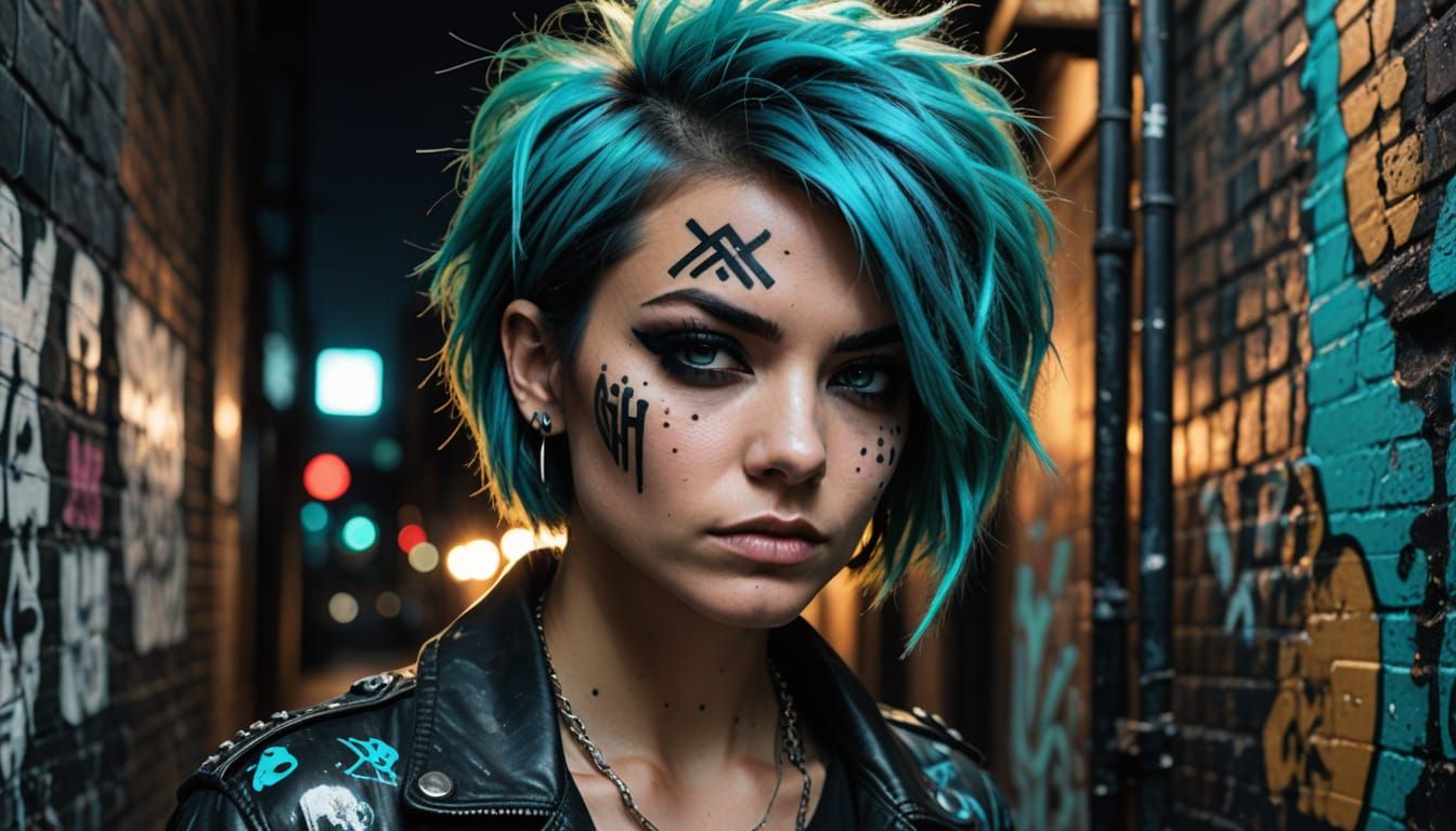 Electric Cyan Punk Girl in Graffiti Stencil Art