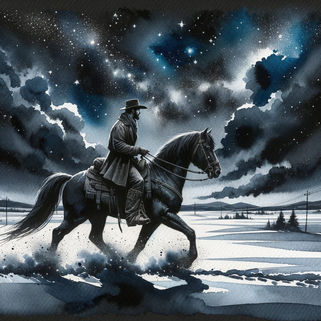 Cowboy on Horseback in Snowy Landscape, Watercolor Style