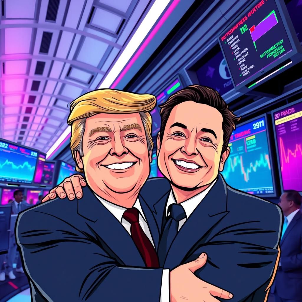 Donald Trump and Elon Musk Embrace in Pop Art Style