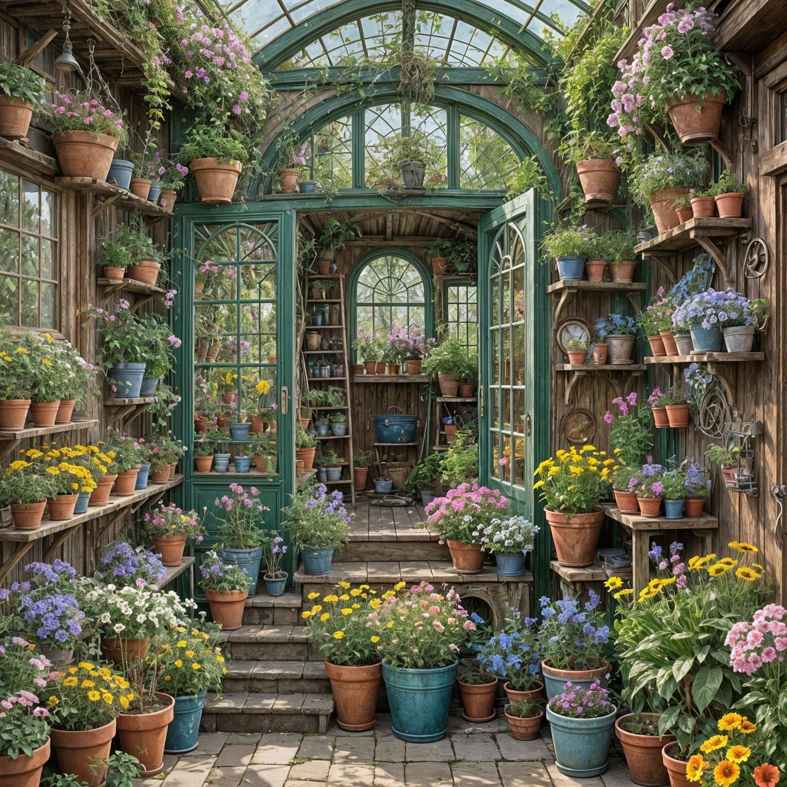 Art Nouveau Gardener in Flower-Filled Potting Shed