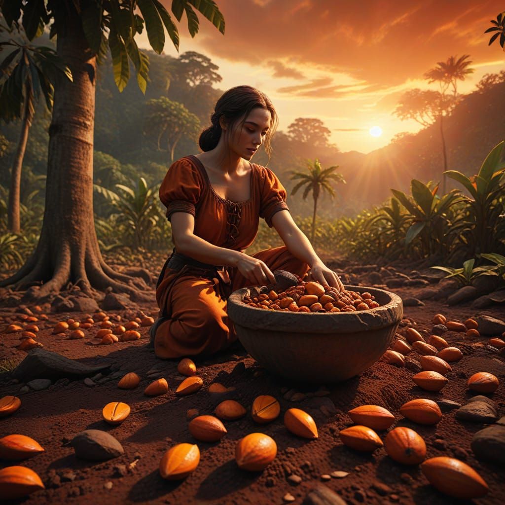 The Cacao Orchard:
In the shade of cacao trees, workers pick ripe pods, their bright orange shells contrasting with the ...
