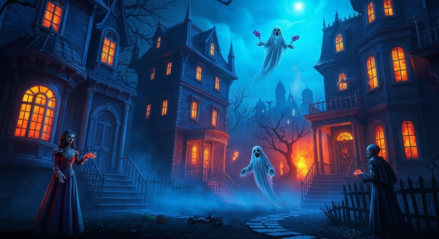 Spooky Halloween Night with Eerie Costumes and Ghostly Appar...