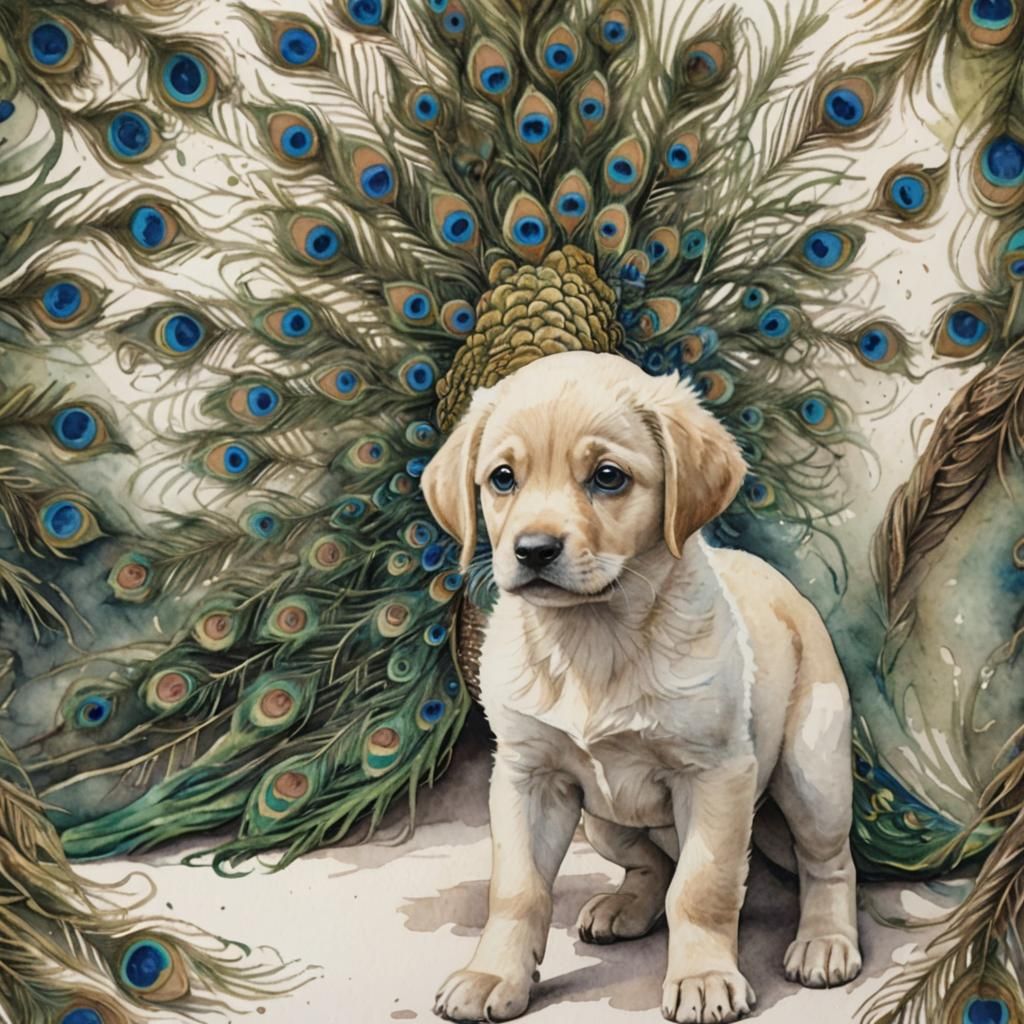 Labrador Puppy and Peacock Watercolor Painting
