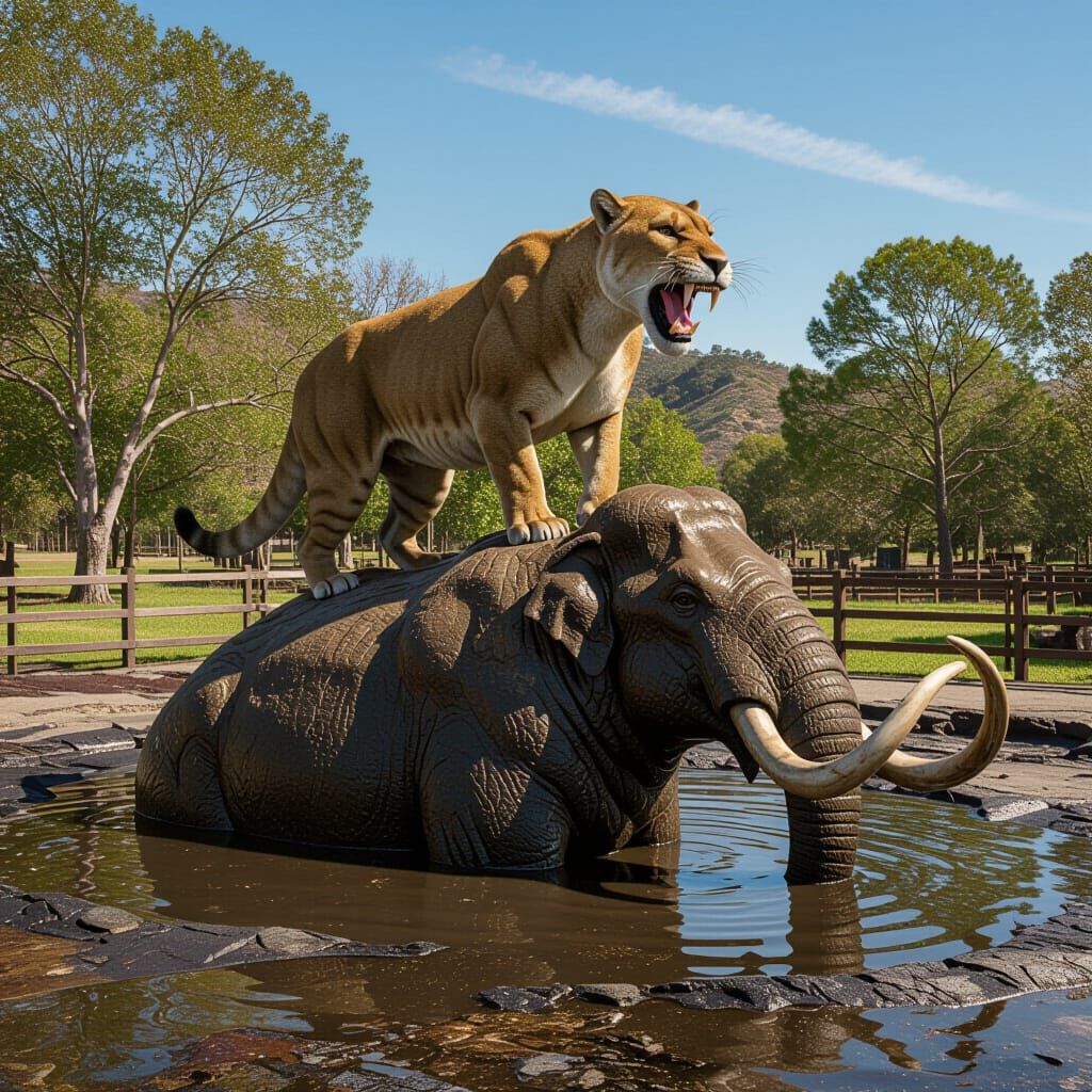 Smilodon and Mastodon in La Brea Tar Pits