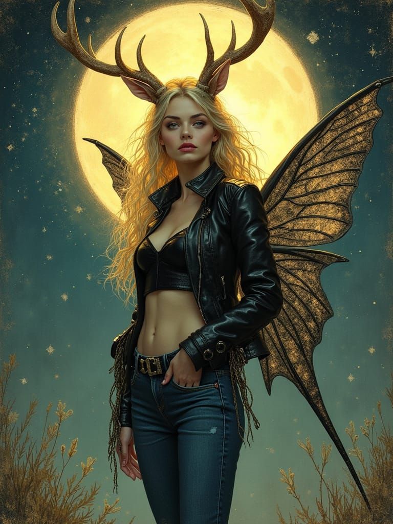 Moonlit Faerie in Leather Jacket and Stag Antlers