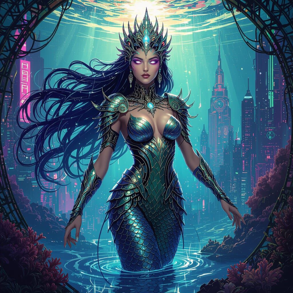 Cyberpunk Mermaid Queen Rises from Neon Depths