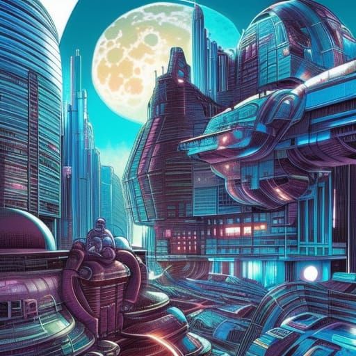 Futuristic Lunar Megacity in Comic Book Art
