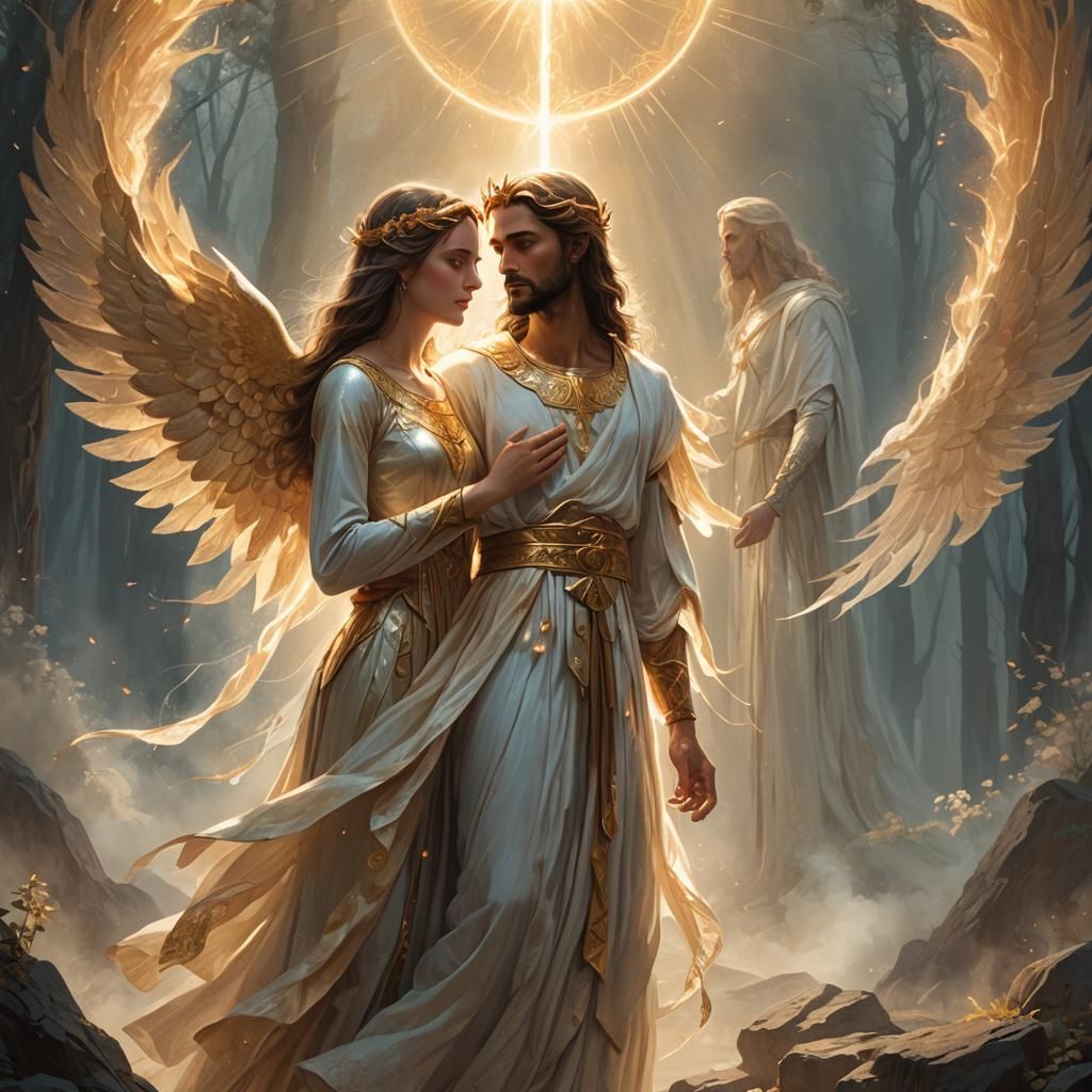 Lovers Meet Amidst Divine Energy, Fantasy Illustration