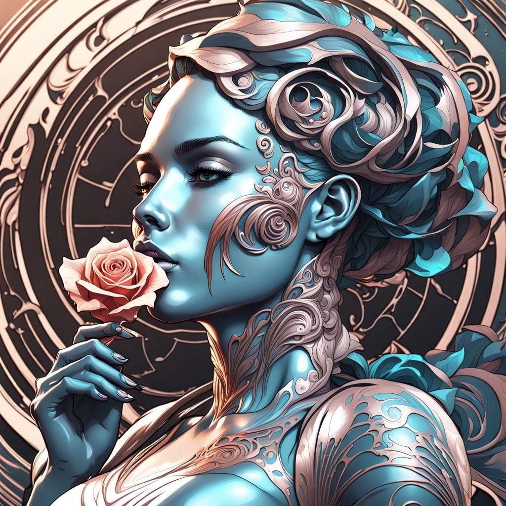 Woman Drinking Rose: Hyperdetailed Concept Art Portrait