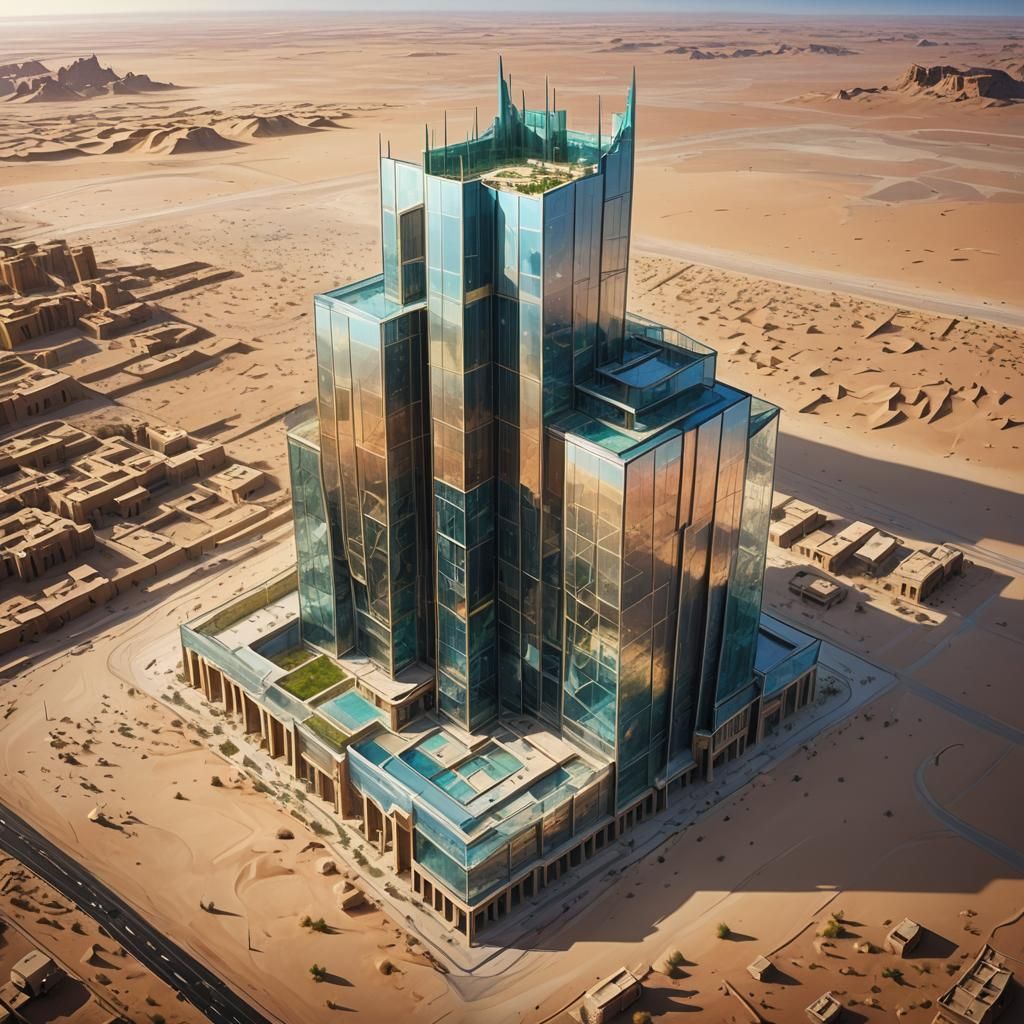 Hyperrealistic Glass Building in Saudi Arabian Desert