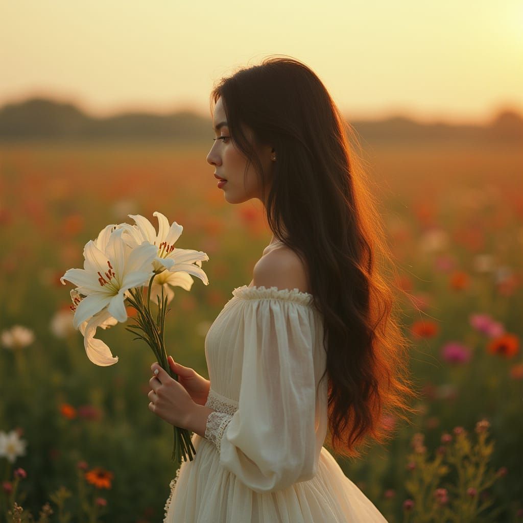 Woman in White Gown in Wildflower Field