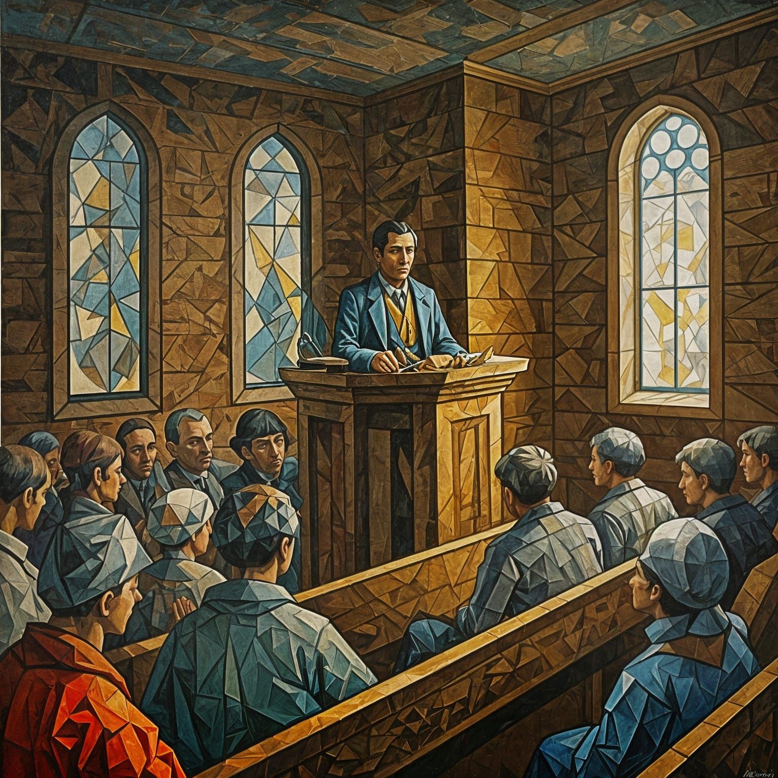 Cubist Pastor Preaching to a Wooden Church Congregation