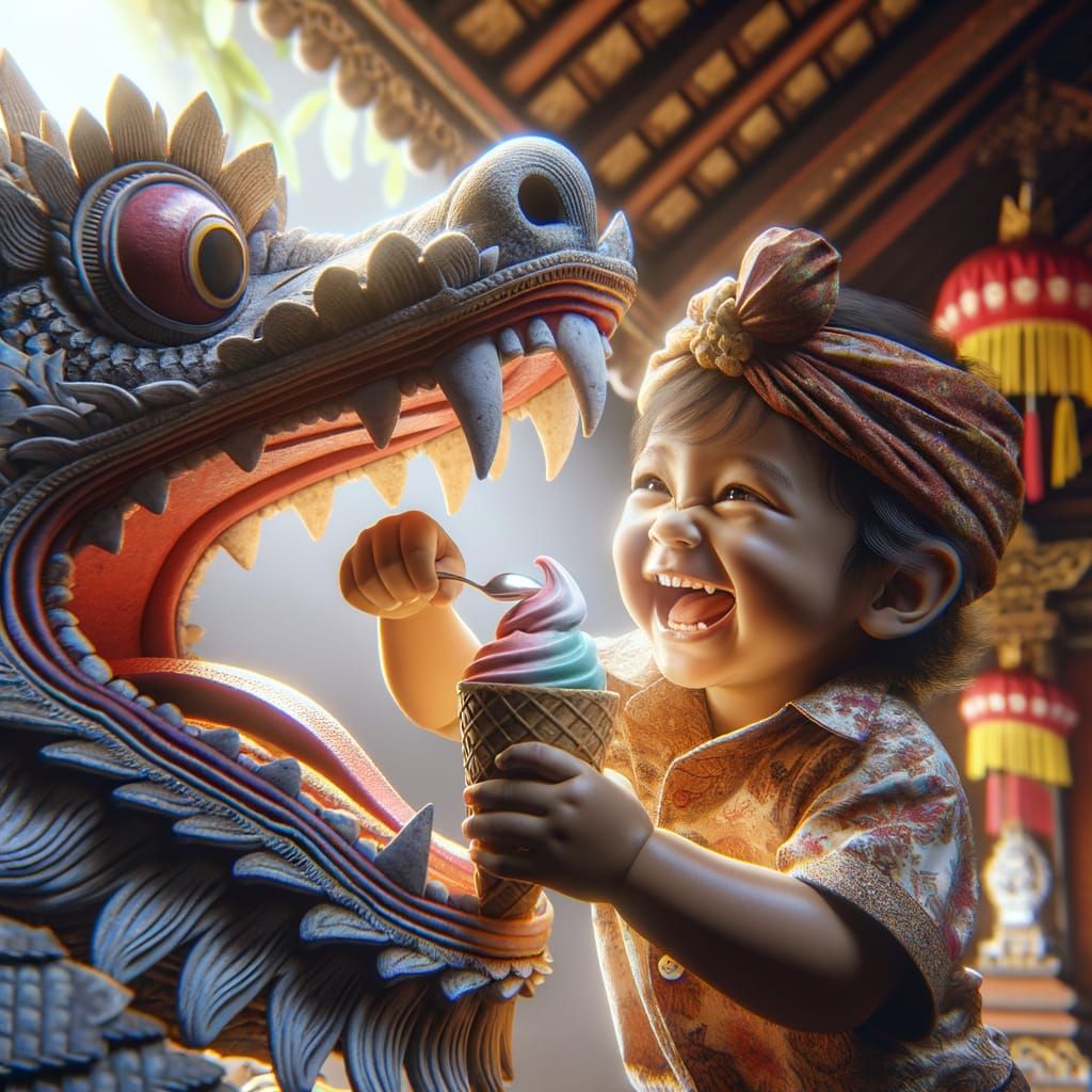 Balinese Toddler Feeds Dragon Ice Cream: Hyperrealistic Digi...