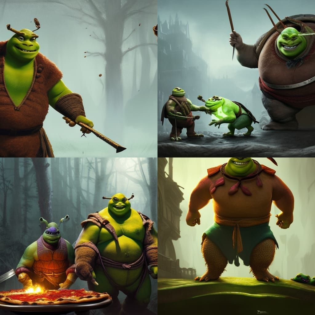 Shrek and Ninja Turtles Eating Pizza, Dark Fantasy Art