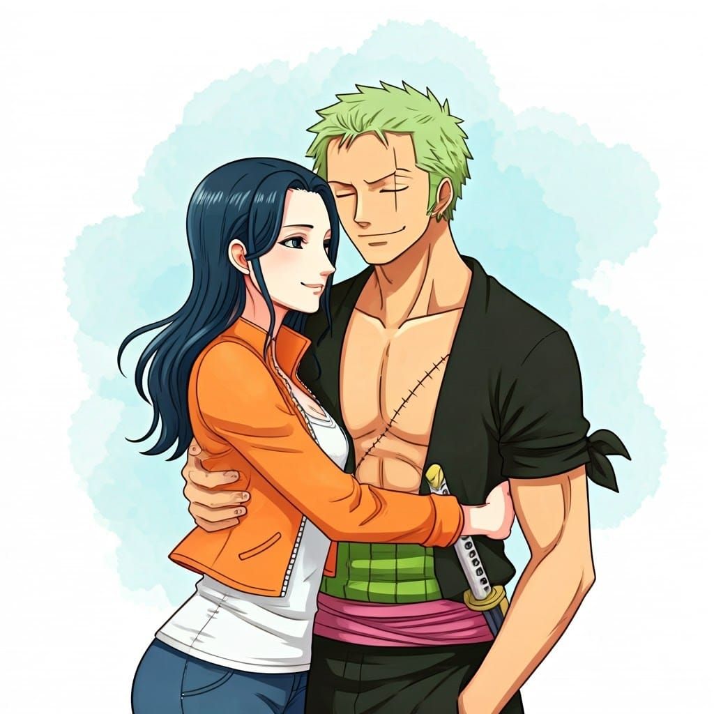 Nico Robin Hugs Zoro: Watercolor Anime Art