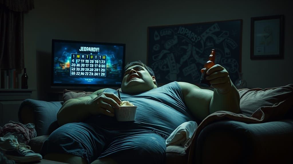 Obese Hulk Watches TV: Hyperrealistic Digital Art