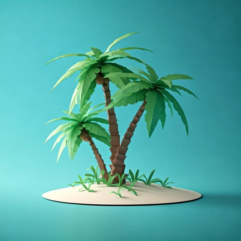 Tropical Origami Island with Green Palm Trees