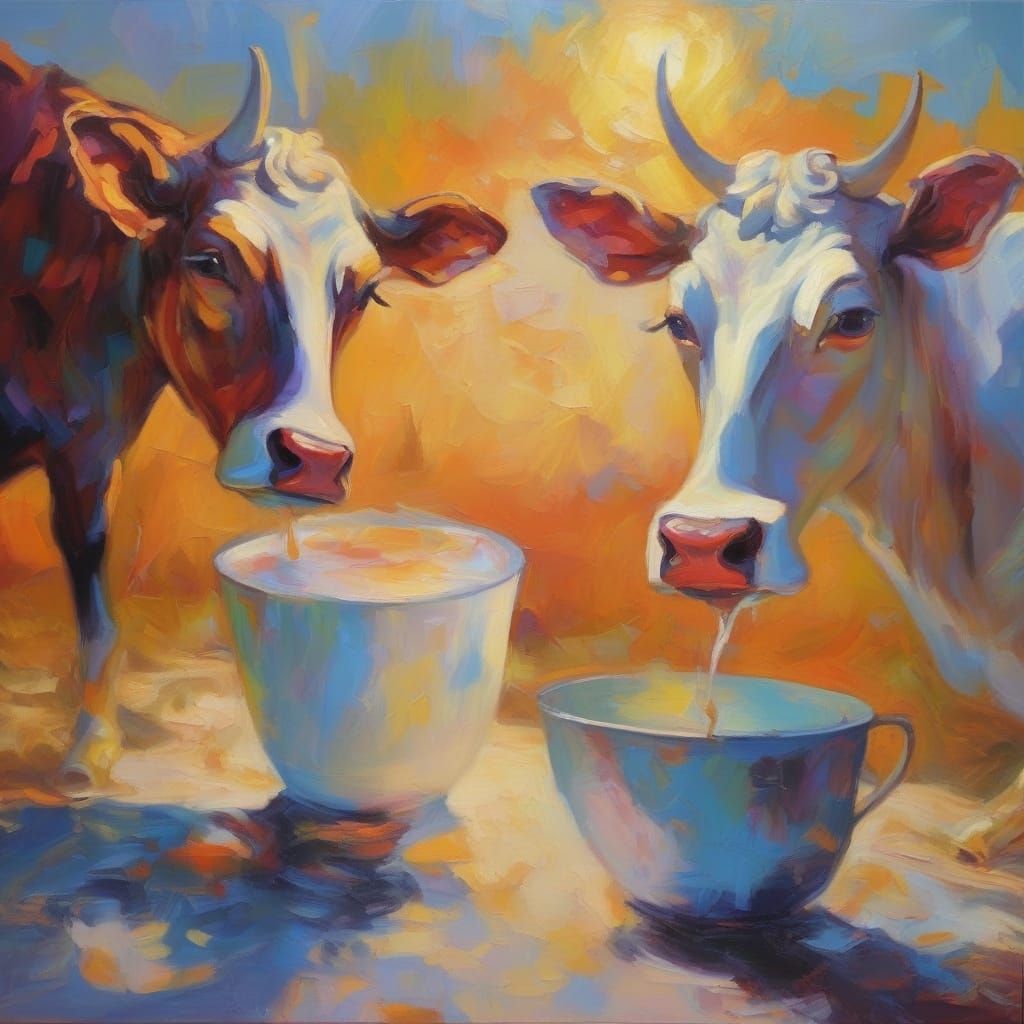 Expressionist Cat Drinks Milk from Glowing Cows
