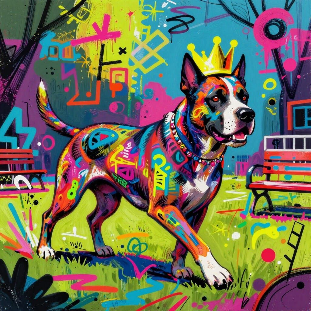 Graffiti Dog with Crown in Abstract Dog Park