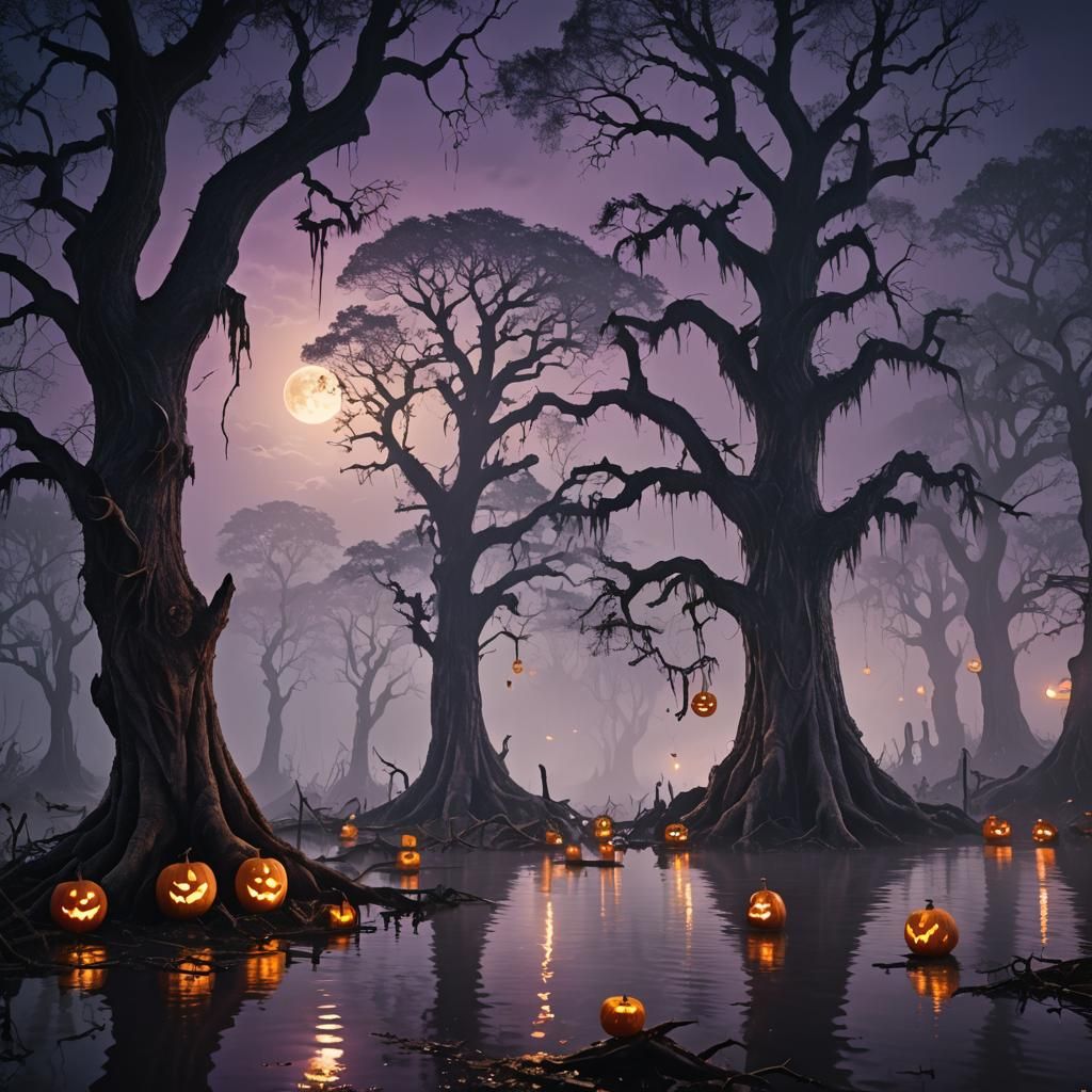 Monster Halloween Party in Bayou: Dark Fantasy Art