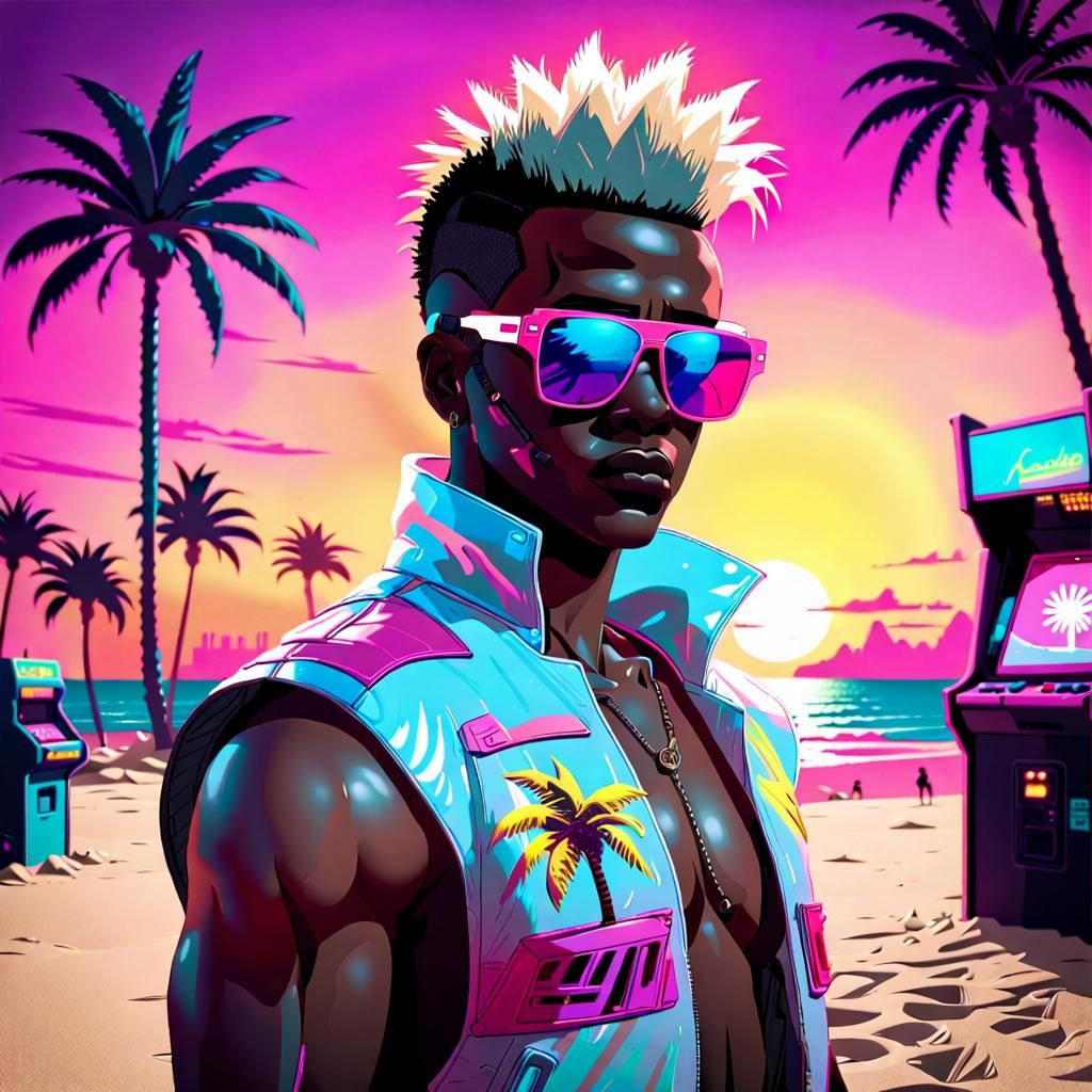 Vaporwave Arcade on a Cyberpunk Beach