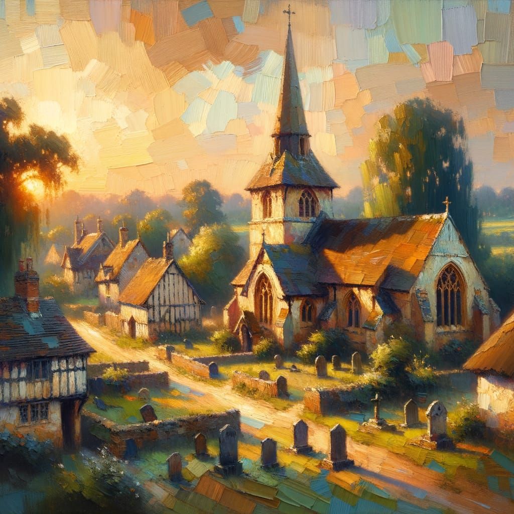 English Village Church: Impasto Oil Painting at Sunset