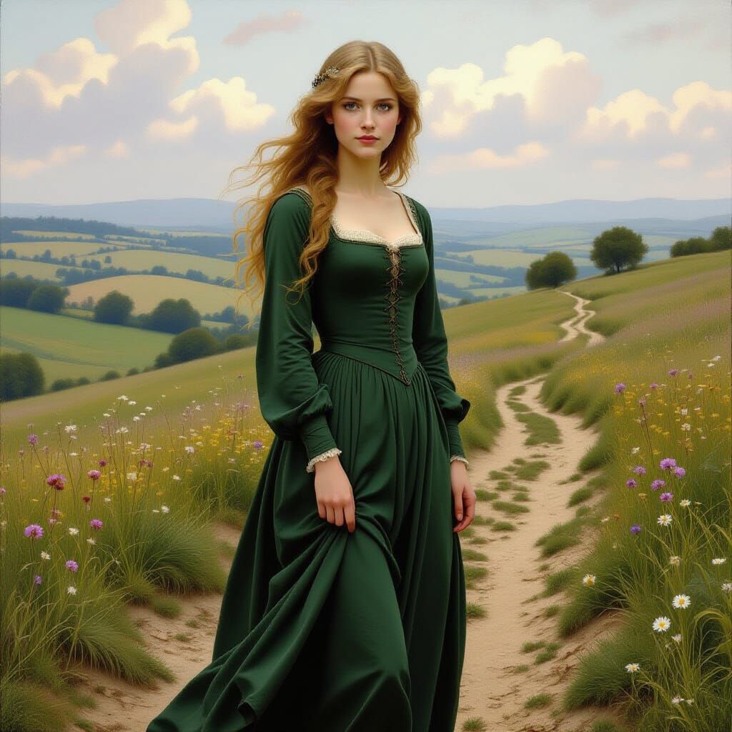 Medieval Woman in Flowing Dress in Pre-Raphaelite Style